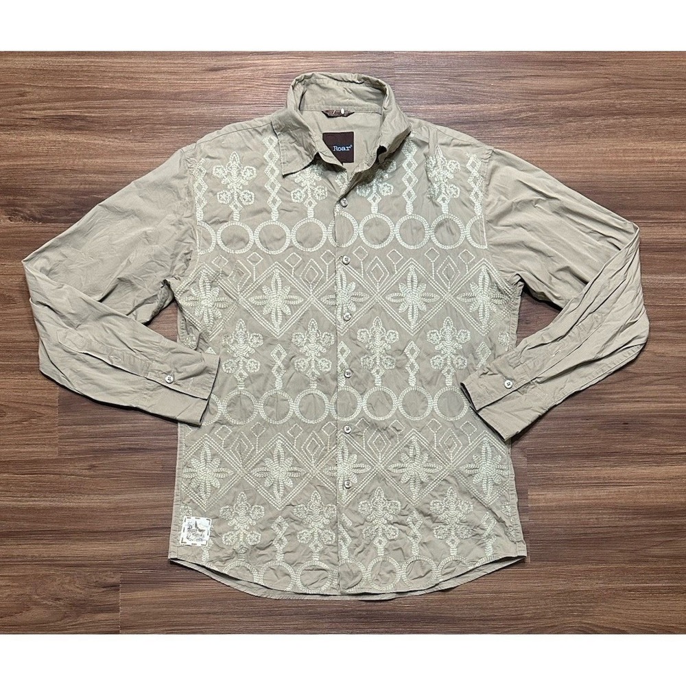 Roar Tan Brown Embroidered Y2K Western Button Up Long Sleeve Shirt Men's Sz M
